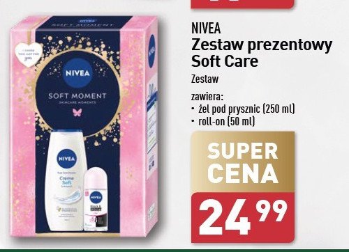 Zestaw w pudełju soft moment: żel pod prysznuc 250 ml + roll on 50 ml Nivea zestaw promocja w Aldi