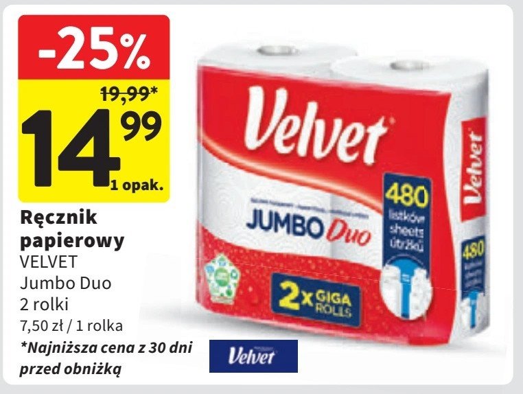 Ręcznik papierowy duo Velvet jumbo promocja w Intermarche