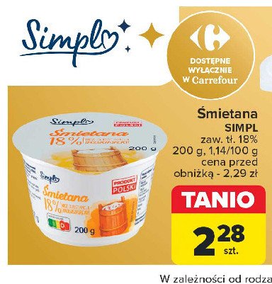 Śmietana 18 % Simpl promocja w Carrefour Market