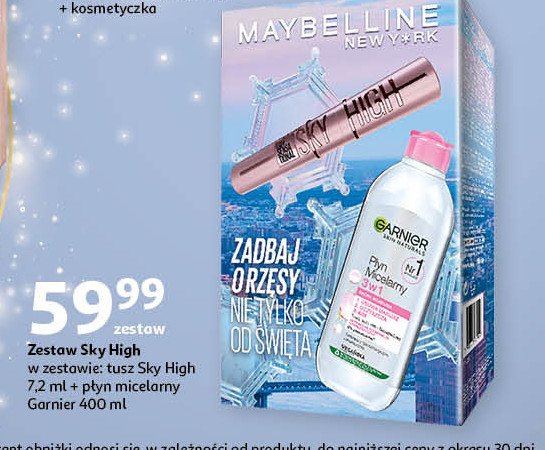 Zestaw w kartonie: płyn micelarny 3w1 garnier 400ml + tusz do rzęs sky high 7.2ml Maybelline zestawy promocja