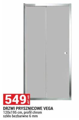 Drzwi prysznicowe Vega 120x185 cm, profil chrom szkło bezbarwne 6 mm promocja w Merkury Market