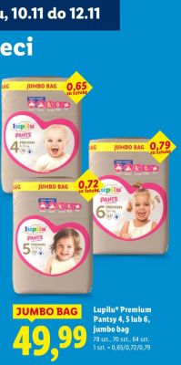 Pieluchy Lupilu Premium Pantsy 4, 5 lub 6 jumbo bag promocja w Lidl