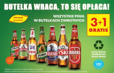 Piwo w butelkach zwrotnych 3+1 gratis promocja w Biedronka