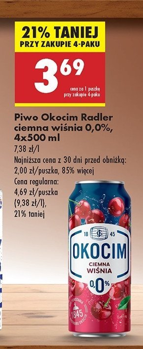 Piwo Okocim radler ciemny wiśnia 0% promocja w Biedronka