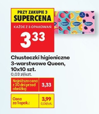 Chusteczki higieniczne 3-warstwowe Queen, 10x10 szt. promocja w Biedronka