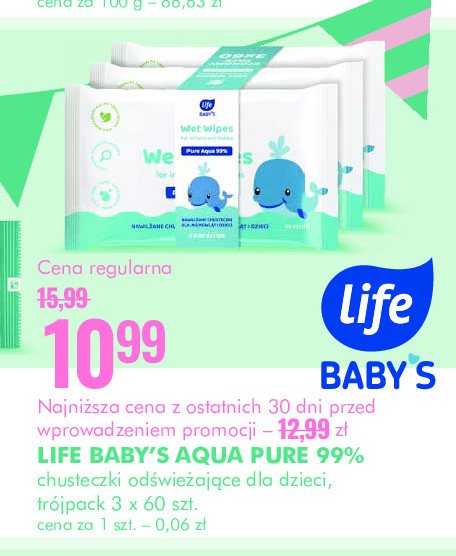 Chusteczki nawilżane pure aqua 99 % Life baby Life (super-pharm) promocja w Super-Pharm