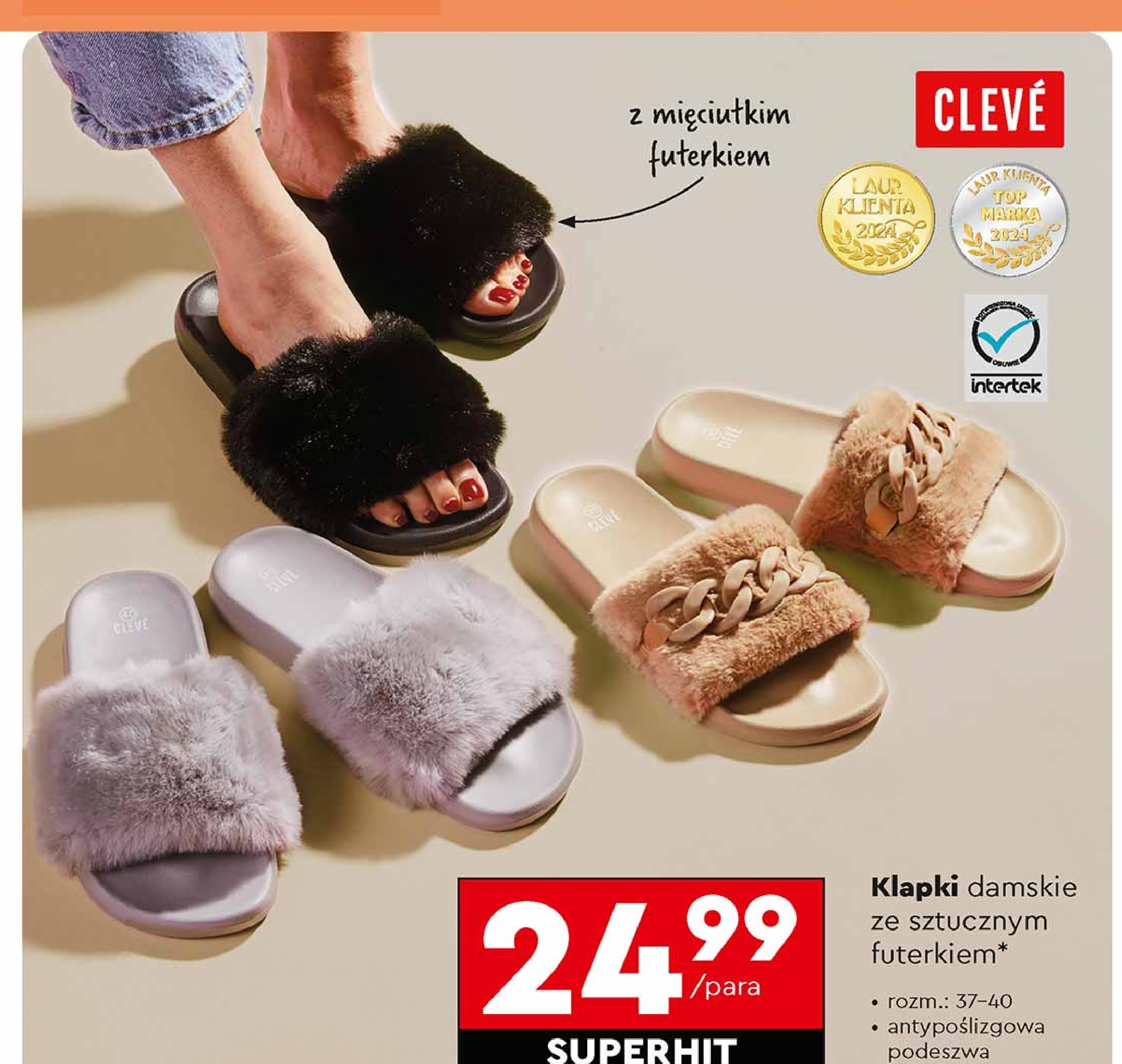 Klapki damskie z futerkiem rozm. 36-40 Cleve promocja w Biedronka