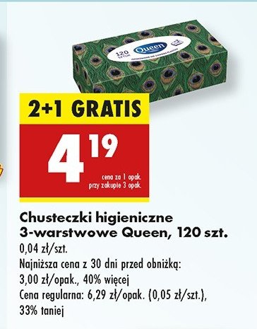 Chusteczki higieniczne 3-warstwowe Queen promocja w Biedronka