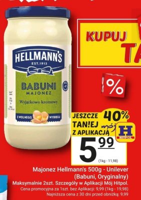Majonez Hellmann's 500g - Unilever (Babuni, Oryginalny) promocja w Hitpol