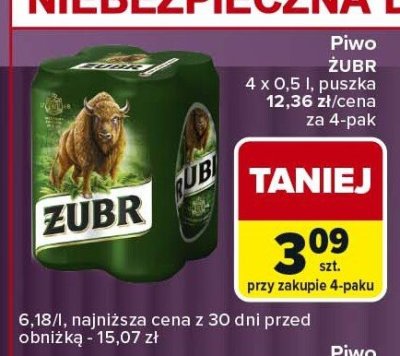 Piwo ŻUBR 4 x 0.5 l puszka promocja w Carrefour Express