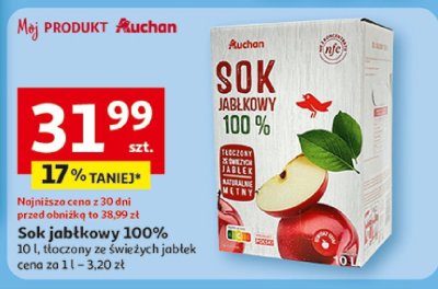 Sok jabłkowy 100% Auchan 10 l, tłoczony ze świeżych jabłek promocja w Auchan
