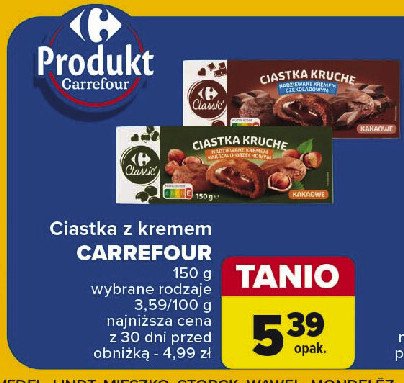 Ciastka kruche z kremem kakaowo-orzechowym Carrefour classic promocja