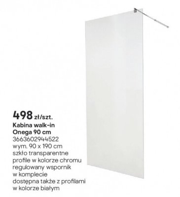 Kabina prysznicowa walk-in Onega 90 cm promocja w Castorama