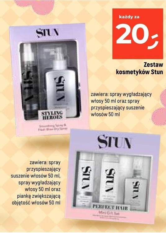 Zestaw w pudełku: spray wygładzajacy włosy 50 ml + spray przyśpieszający suszenie włosów 50 ml + pianka zwiększająca objętość włosów 50 ml Stun promocja w Dealz