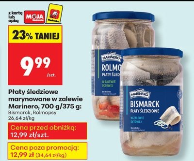 Płaty śledziowe marynowane w zalewie, 700 g/375 g: Bismarck, Rolmops promocja w Biedronka