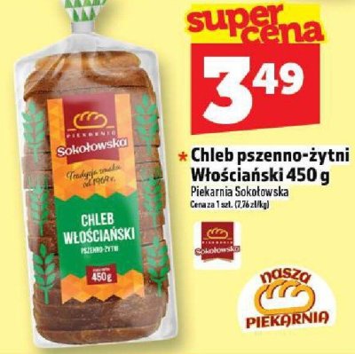 Chleb pszenno-żytni Włościański Piekarnia Sokołowska 450 g promocja w TOPAZ