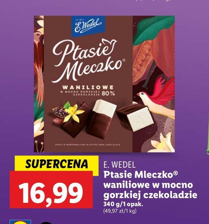 Czekoladki waniliowe w mocno gorzkiej czekoladzie E. wedel ptasie mleczko promocja w Lidl