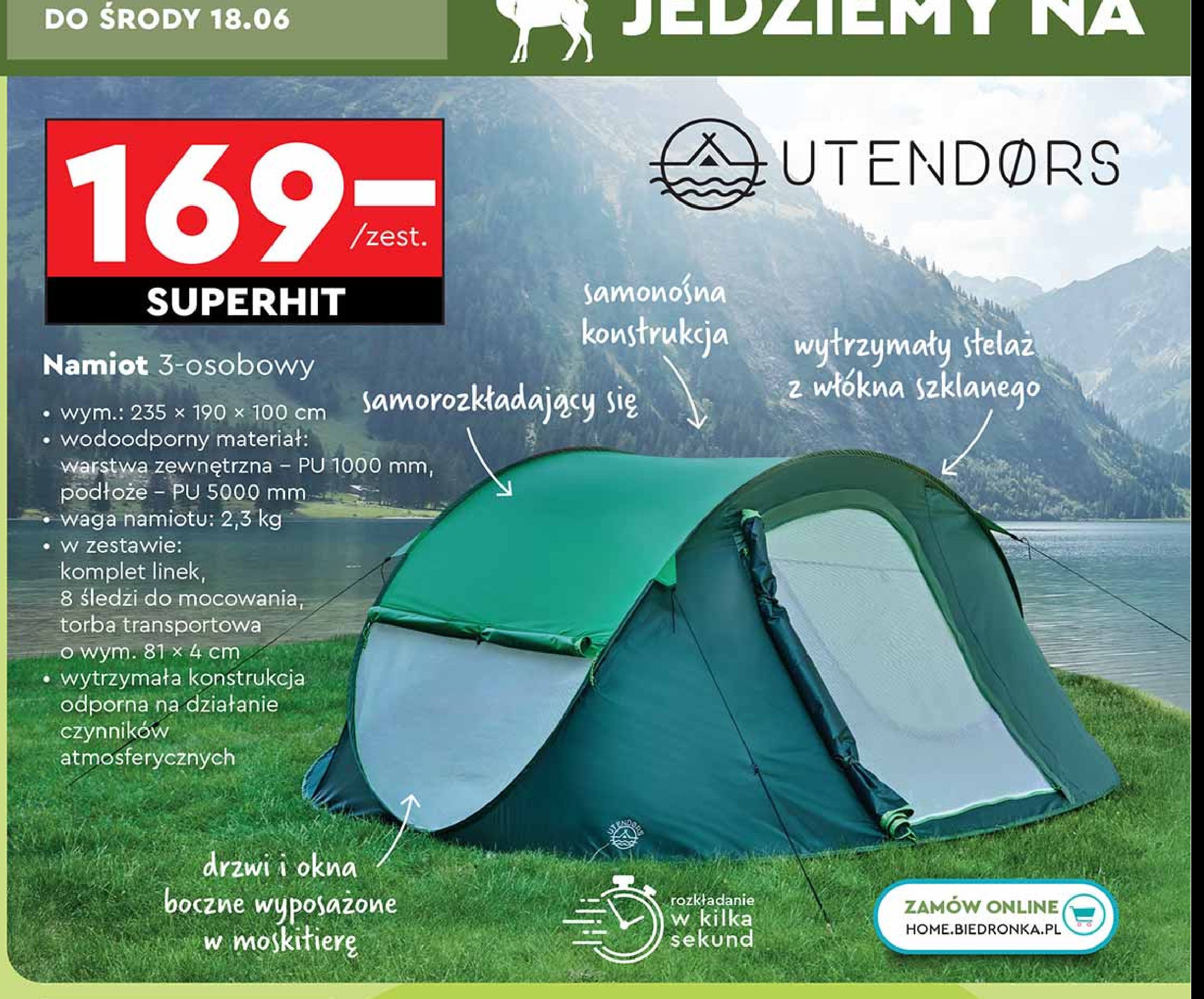 Namiot 3 osobowy Utendors promocja w Biedronka