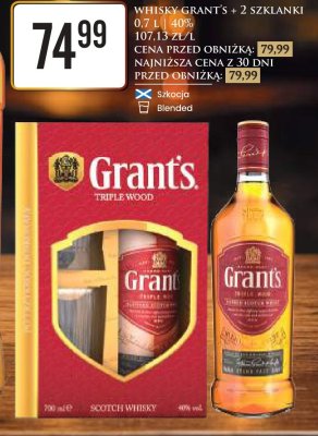 Whisky Grant's + 2 szklanki 0.7L 40% promocja w Dino