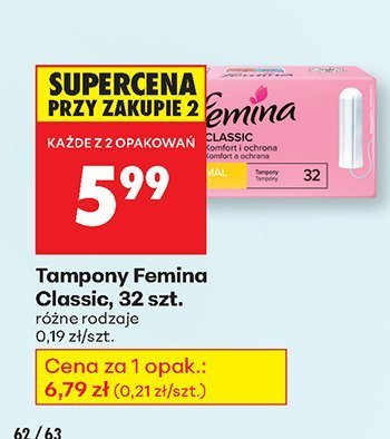 Tampony Femina Classic, 32 szt. różne rodzaje promocja w Biedronka