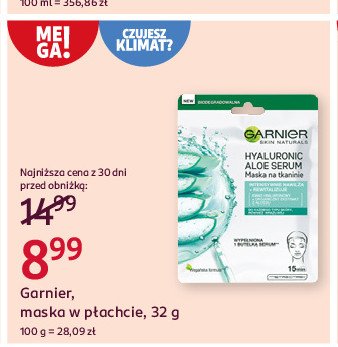 Maseczka do twarzy w płachcie aloes Garnier hyaluronic aloe jelly promocja w Rossmann