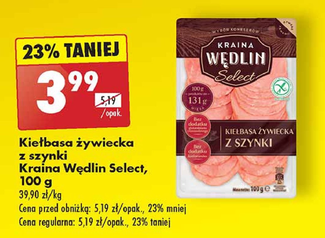 Kiełbasa żywiecka z szynki Kraina wędlin select promocja w Biedronka