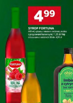 Syrop fortuna malina z moczoną nutą, cytryna z imbirem promocja w Stokrotka