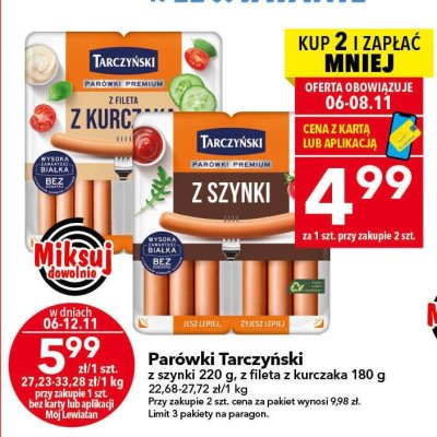 Parówki Tarczyński z szynki 220g promocja w LEWIATAN