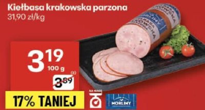 Kiełbasa krakowska parzona 31,90 zł/kg promocja w Delikatesy Centrum