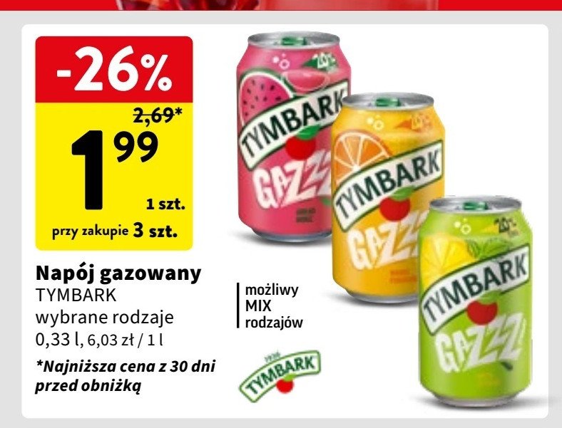 Napój gazowany pomarańcza- mango Tymbark gazzz promocja w Intermarche