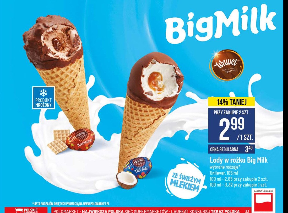 Lód w rożku kasztanki z wawelu Algida big milk promocja