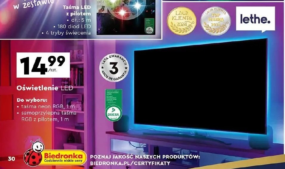 Taśma neon rgb 1 m Lethe promocja w Biedronka