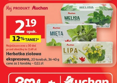 Herbatka ziołowa ekspresowa Auchan Melisa, Mięta, Lipa promocja w Auchan