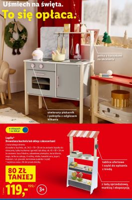 Drewniana kuchnia lub sklep z akcesoriami Lupilu z naturalnego drewna - kuchnia ok. 54.5 × 78 × 28 cm lub sklep ok. 45 × 85 × 24 cm promocja w Lidl