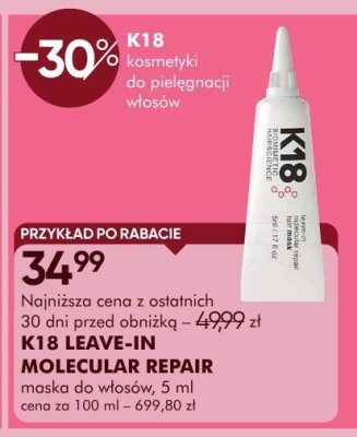 Maska K18 LEAVE-IN MOLECULAR REPAIR maska do włosów, 5 ml, cena za 100 ml - 69,80 zł promocja w Super-Pharm