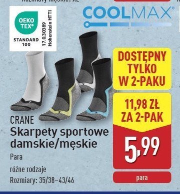 Skarpety sportowe długie CRANE promocja w Aldi