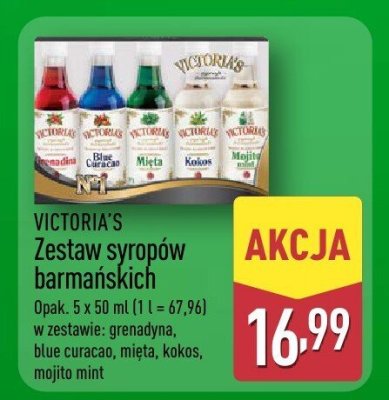 Zestaw syropów barmańskich: grenadyna, blue curacao, mięta, kokos, mojito mint promocja w Aldi