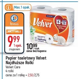 Papier toaletowy najdłuższy 4 rolki = 12 rolek Velvet promocja
