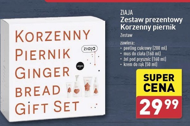 Zestaw w pudełku piernikowy: peeling cukrowy do ciała 200 ml + mus nawilżający 200 ml + żel pod prysznic 200 ml + krem do rąk 50 ml Ziaja zestaw promocja w Aldi