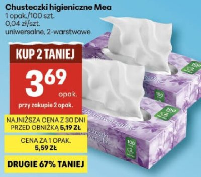 Chusteczki higieniczne Mea 1opak./100szt. uniwersalne, 2-warstwowe promocja w Delikatesy Centrum