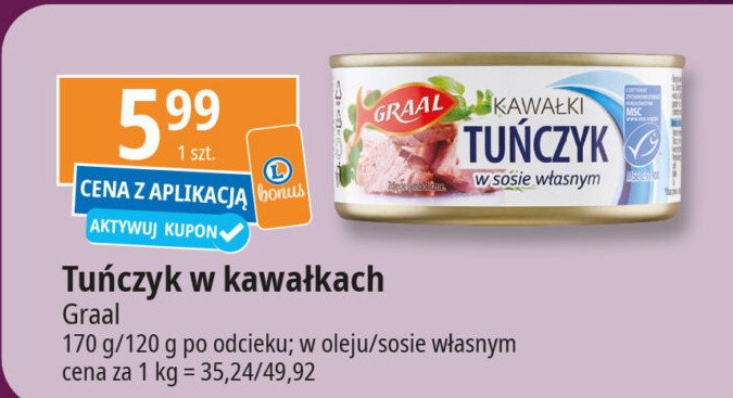 Tuńczyk kawałki w oleju roślinnym Graal promocja w Leclerc