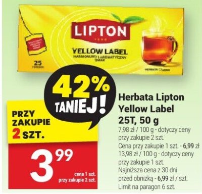 Herbata Lipton Yellow Label 25T, 50 g promocja w Twój Market