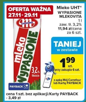 Mleko UHT WYPASIONE MLEKOVITA 3,2% promocja w Carrefour Express