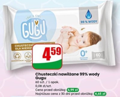 Chusteczki nawilżane 99% wody Gugu promocja w Dino