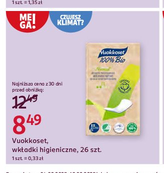 Wkładki higieniczne bio normal 100% Vuokkoset promocja w Rossmann