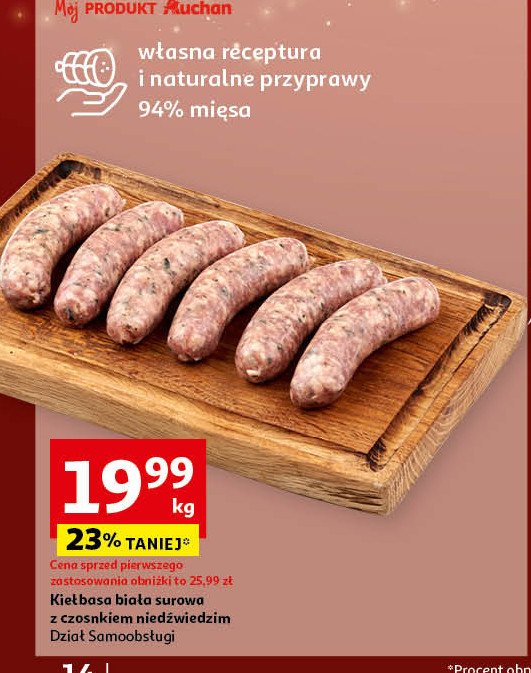 Kiełbasa biała surowa czosnkowa promocja w Auchan