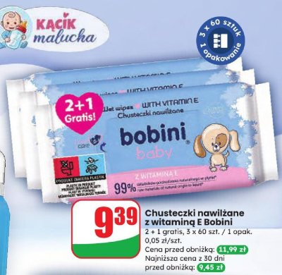 Chusteczki nawilżane z witaminą E Bobini baby 2+1 gratis promocja w Dino