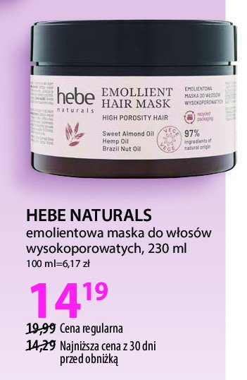 Emolientowa maska do włosów wysokoporowatych HEBE NATURALS promocja w Hebe