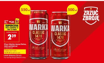 Piwo Warka Jasne Pełne, 500 ml/550 ml promocja w Biedronka