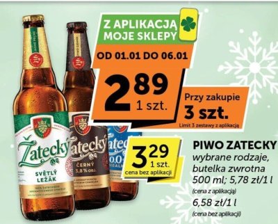 Piwo Żatecky Gus z aplikacją Moje Sklepy od 01.01 do 06.01 różne rodzaje butelka zwrotna 500 ml 5,78 zł/1 l 6,98 zł/1 l promocja w Groszek